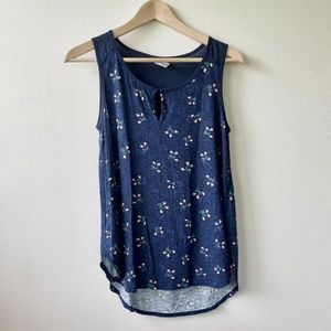 Navy Anthropologie Tank with Floral Pattern and Keyhole Detail